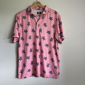 Waggle Polo Shirt Mens Med Pink Turtle Print Golf Performance Lightweight Casual